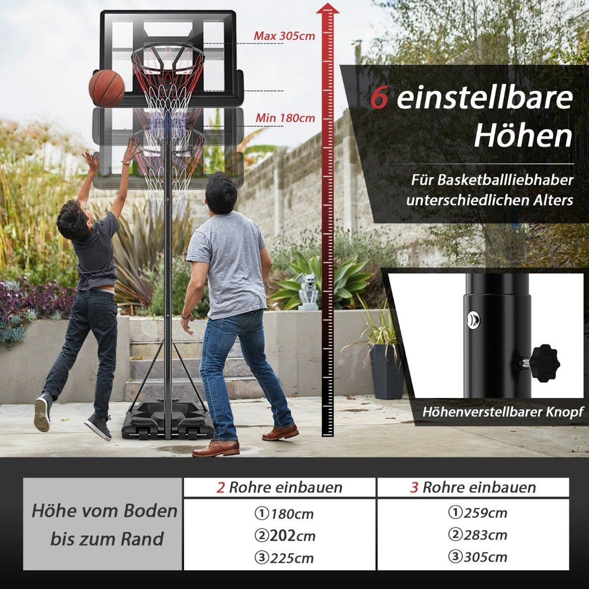 Basketball stand 180-305 cm height adjustable basketball hoop with stand & 2 wheels basket system for children