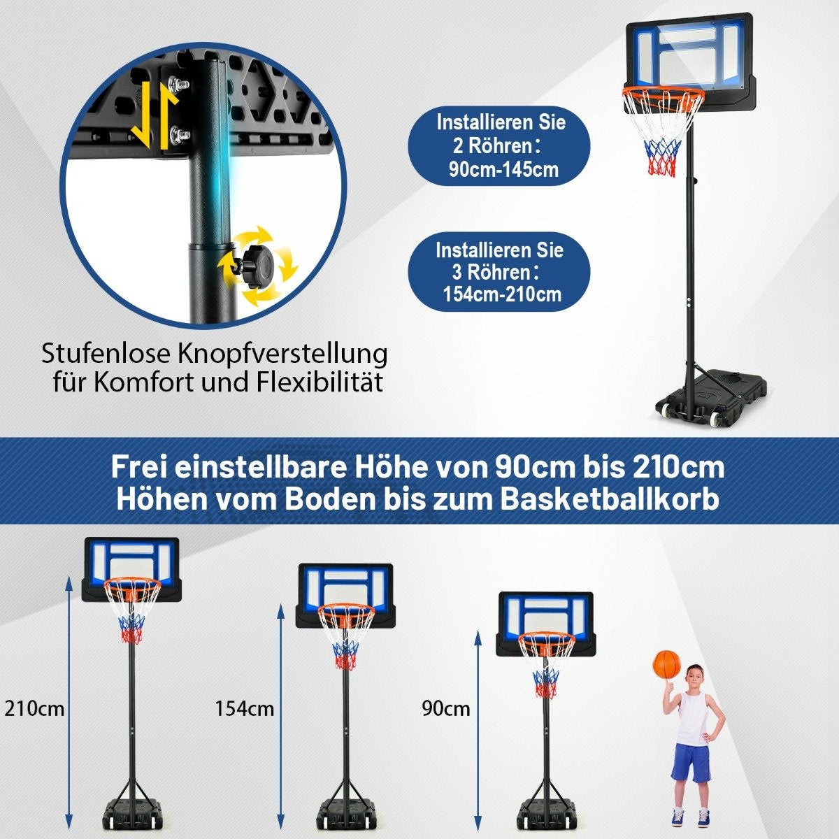 Basketball stand 90/158-210 cm height adjustable basketball hoop with stand weatherproof indoor outdoor blue