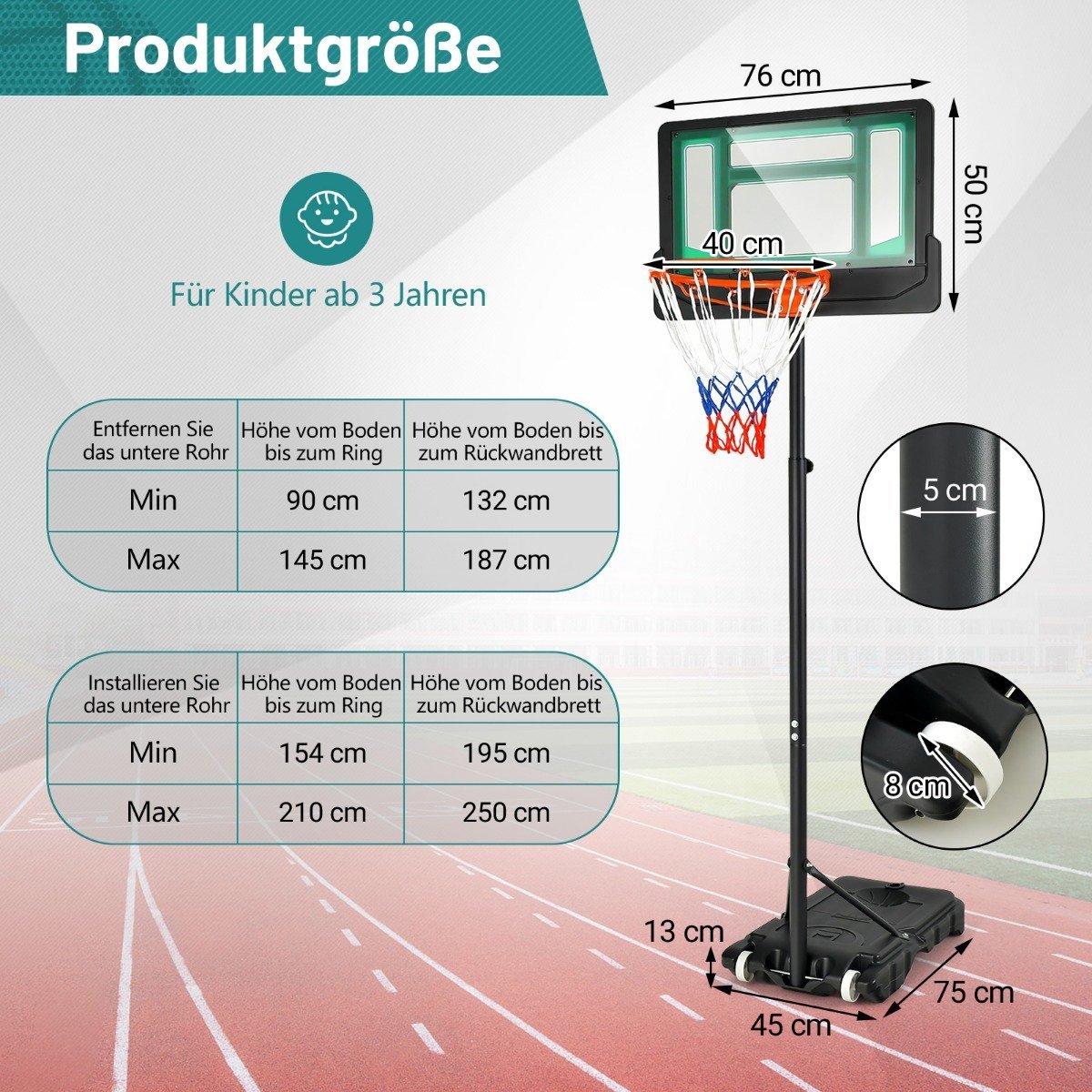 Basketball stand 90/158-210 cm height adjustable basketball hoop with stand weatherproof indoor outdoor green