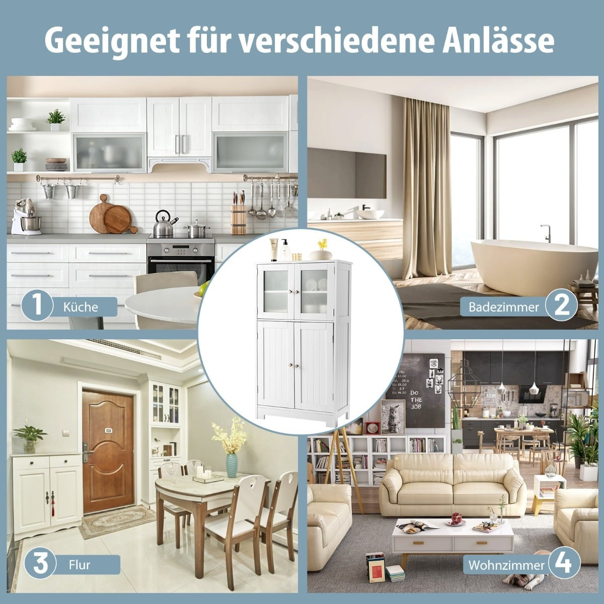 Bathroom Cabinet, 4-Door Freestanding Storage with Glass Doors
