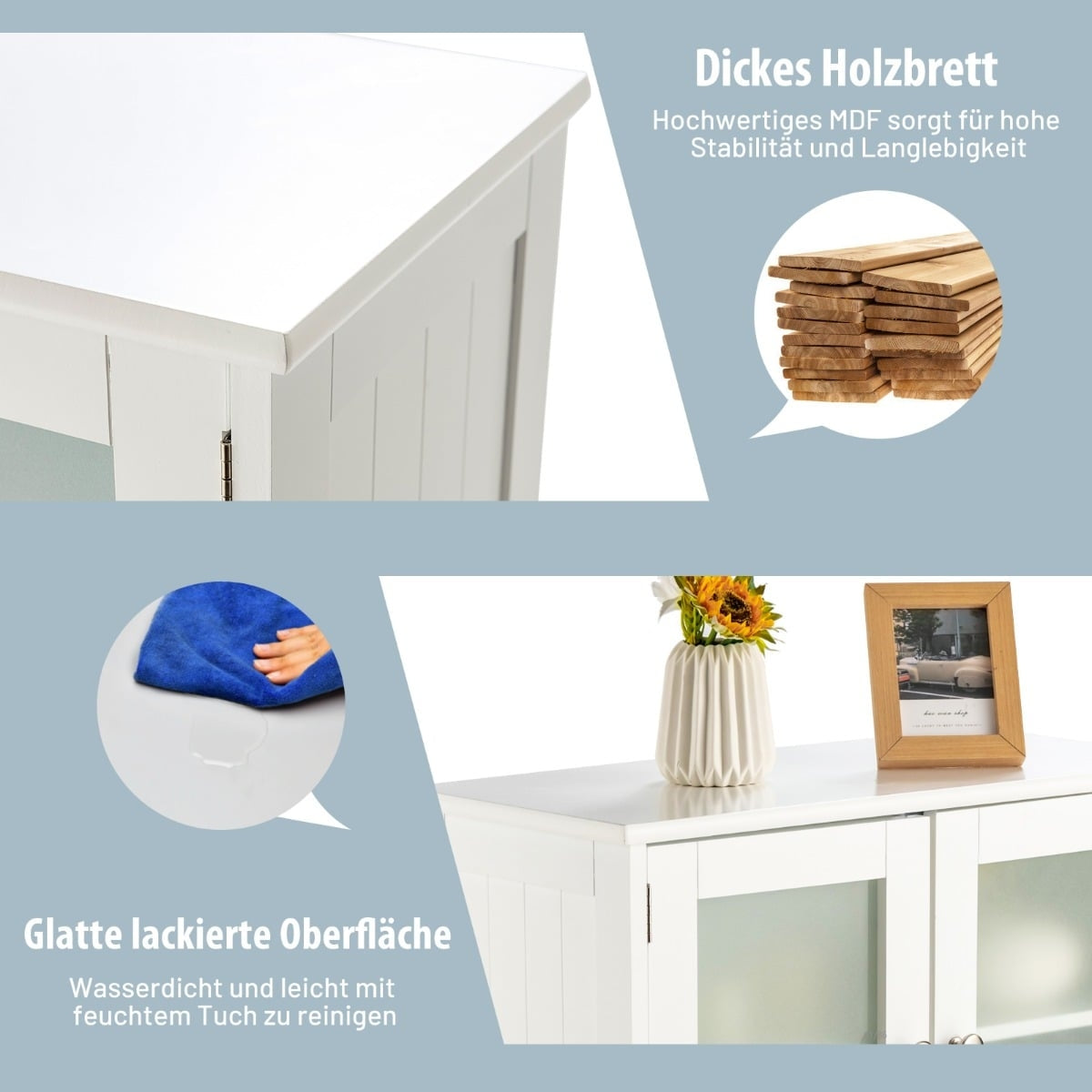 Bathroom Cabinet, 4-Door Freestanding Storage with Glass Doors