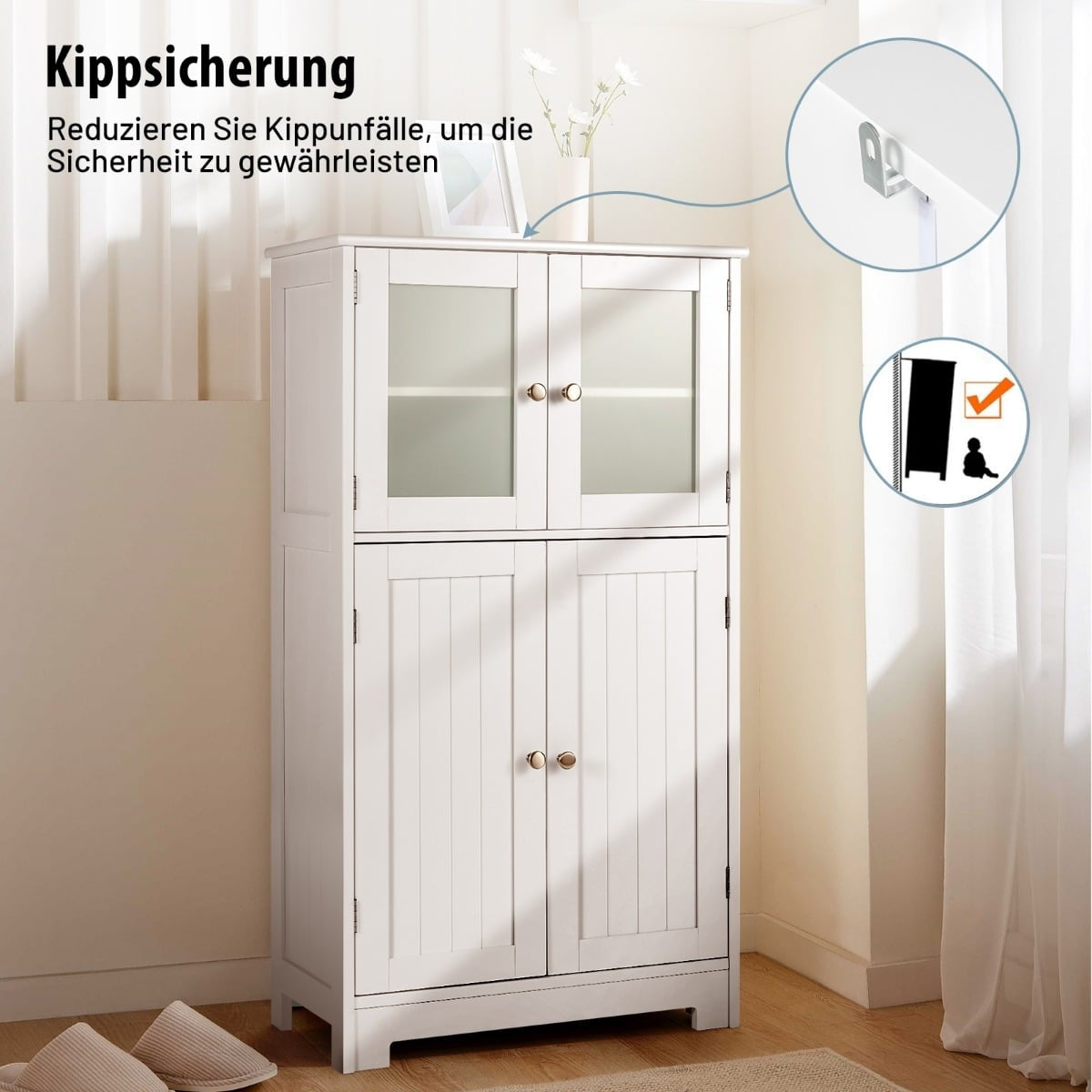 Bathroom Cabinet, 4-Door Freestanding Storage with Glass Doors
