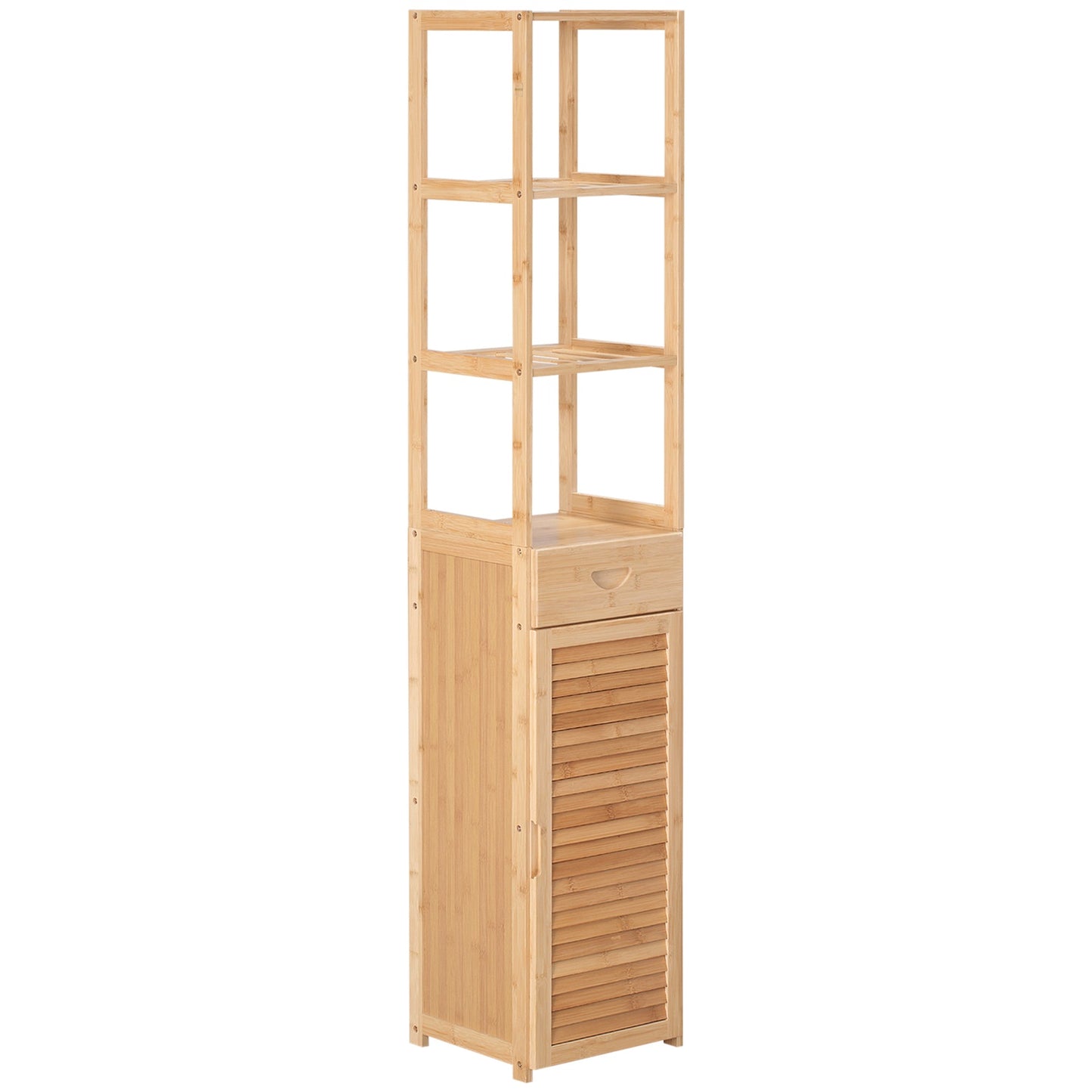 Bamboo bathroom cabinet with drawer and shelves, 32x30x163 cm