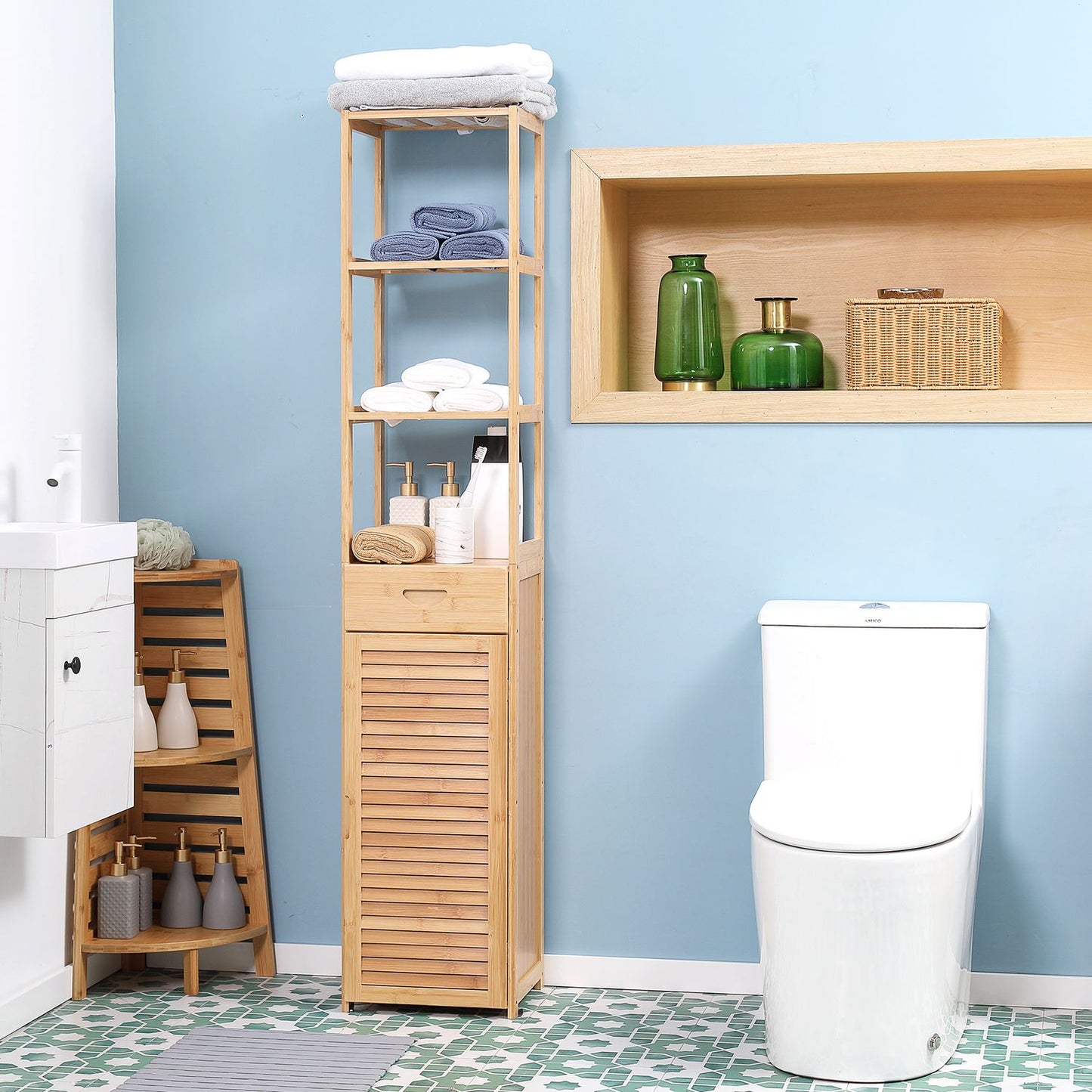 Bamboo bathroom cabinet with drawer and shelves, 32x30x163 cm