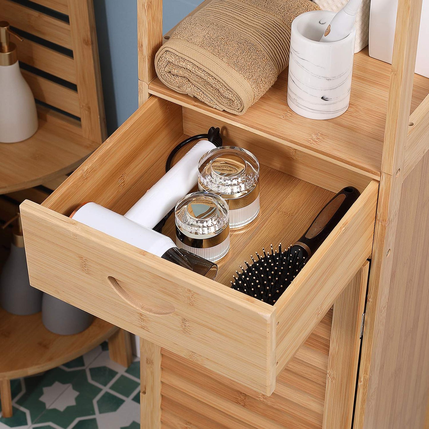 Bamboo bathroom cabinet with drawer and shelves, 32x30x163 cm