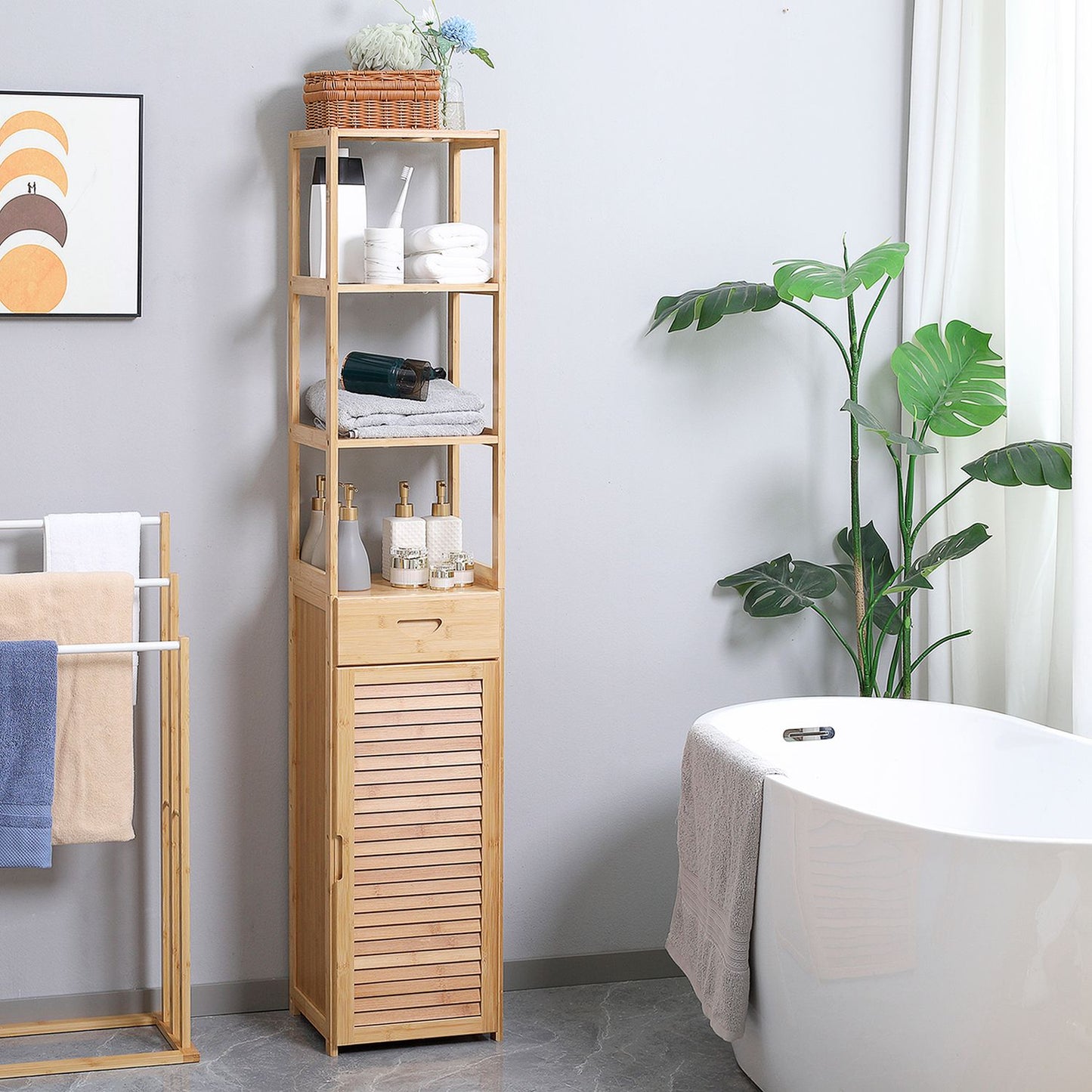 Bamboo bathroom cabinet with drawer and shelves, 32x30x163 cm