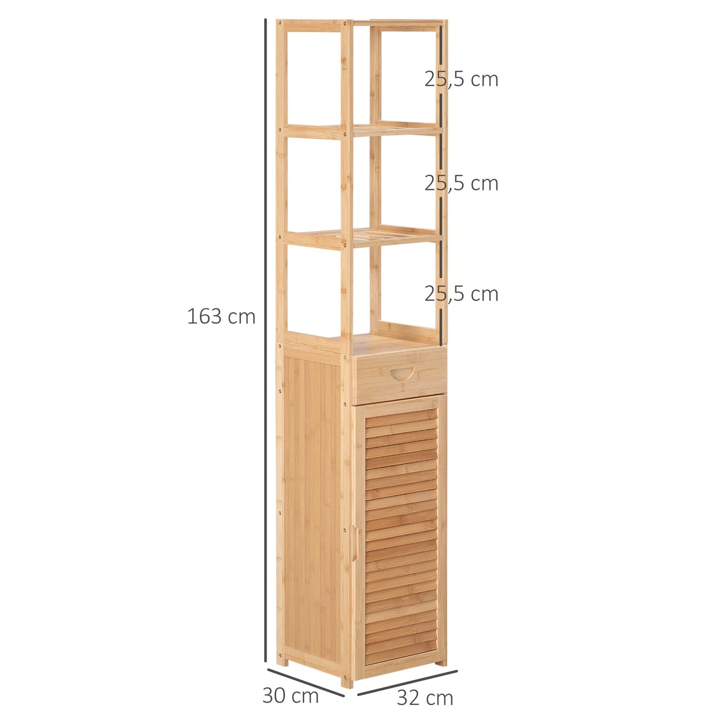 Bamboo bathroom cabinet with drawer and shelves, 32x30x163 cm