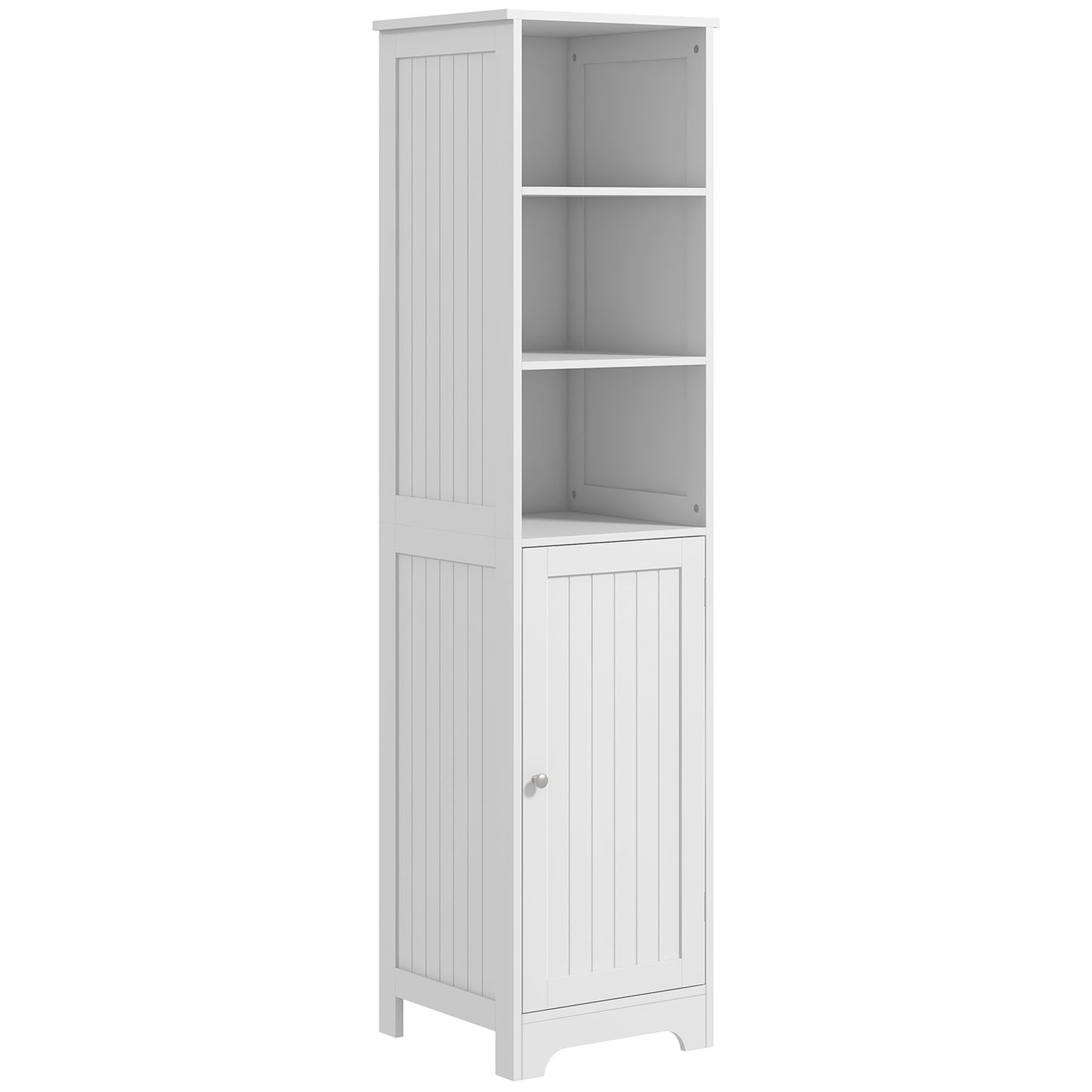White bathroom storage cabinet, 3 open and 1 closed compartments