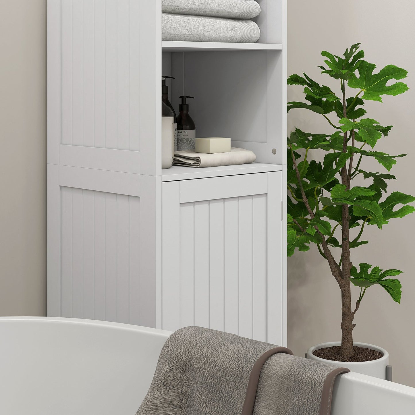 White bathroom storage cabinet, 3 open and 1 closed compartments