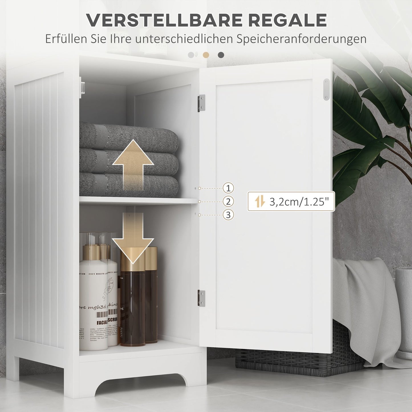 White bathroom storage cabinet, 3 open and 1 closed compartments