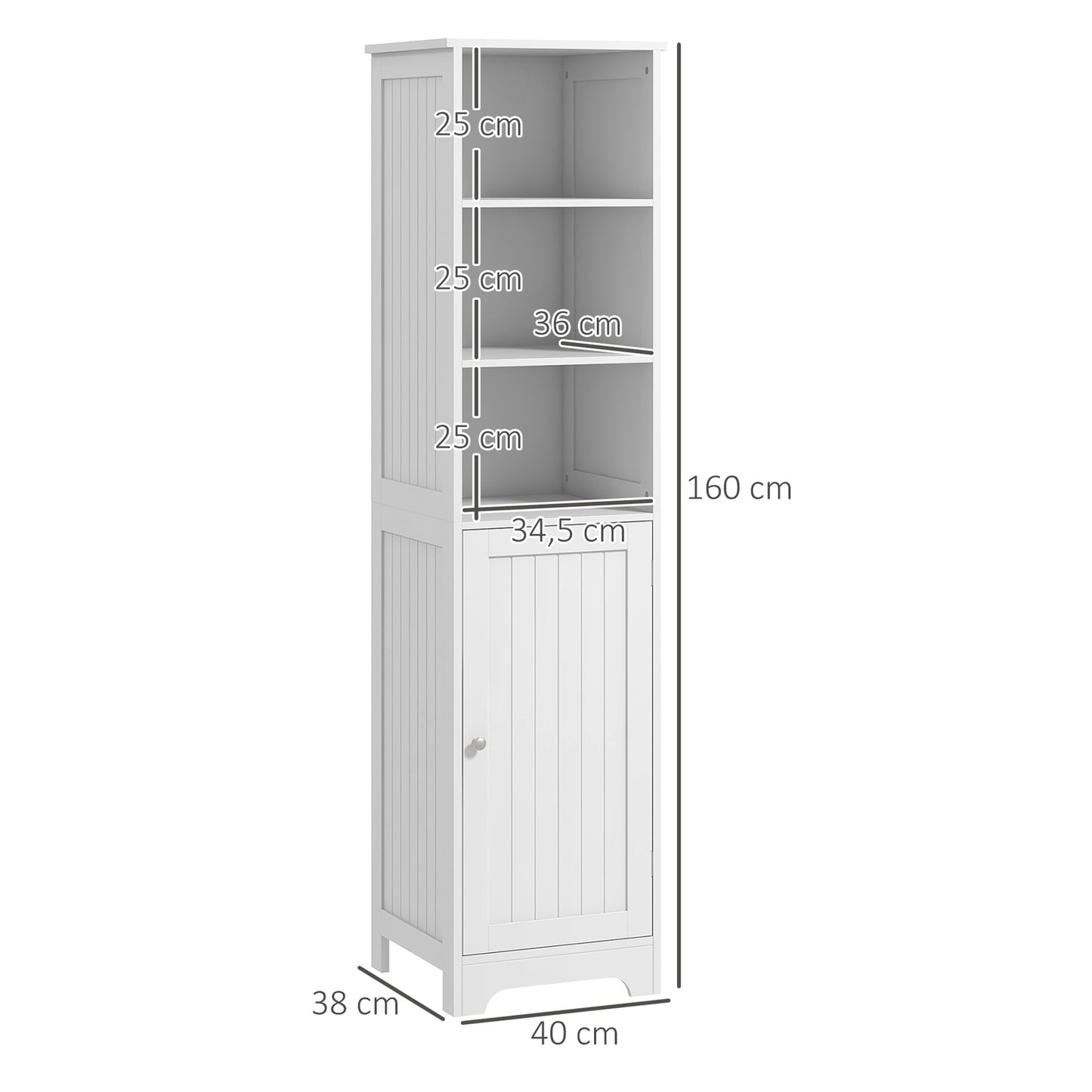 White bathroom storage cabinet, 3 open and 1 closed compartments