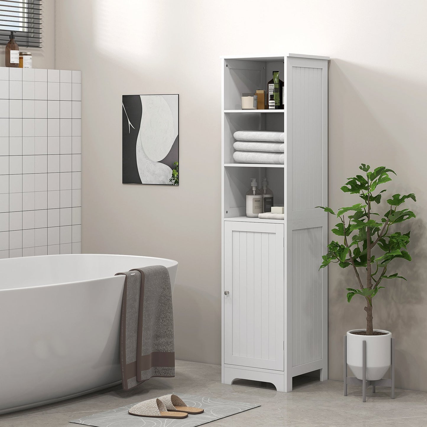 White bathroom storage cabinet, 3 open and 1 closed compartments
