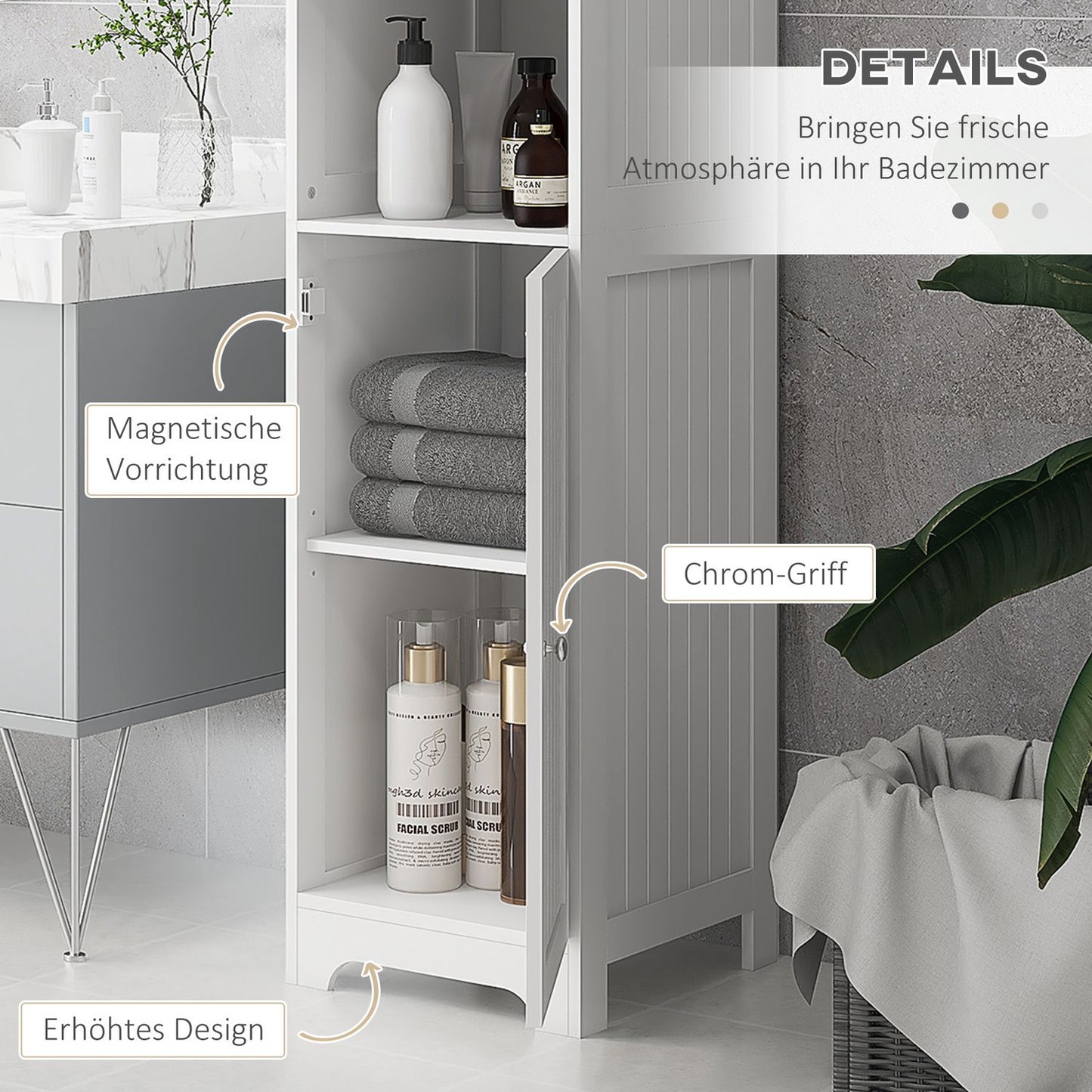 White bathroom storage cabinet, 3 open and 1 closed compartments