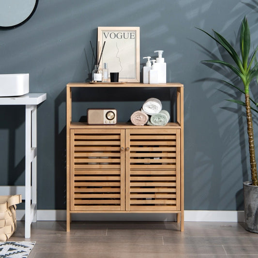 Bathroom Cabinet Freestanding Bamboo Shelf with Open Shelf 64 x 27.5 x 80 cm Natural