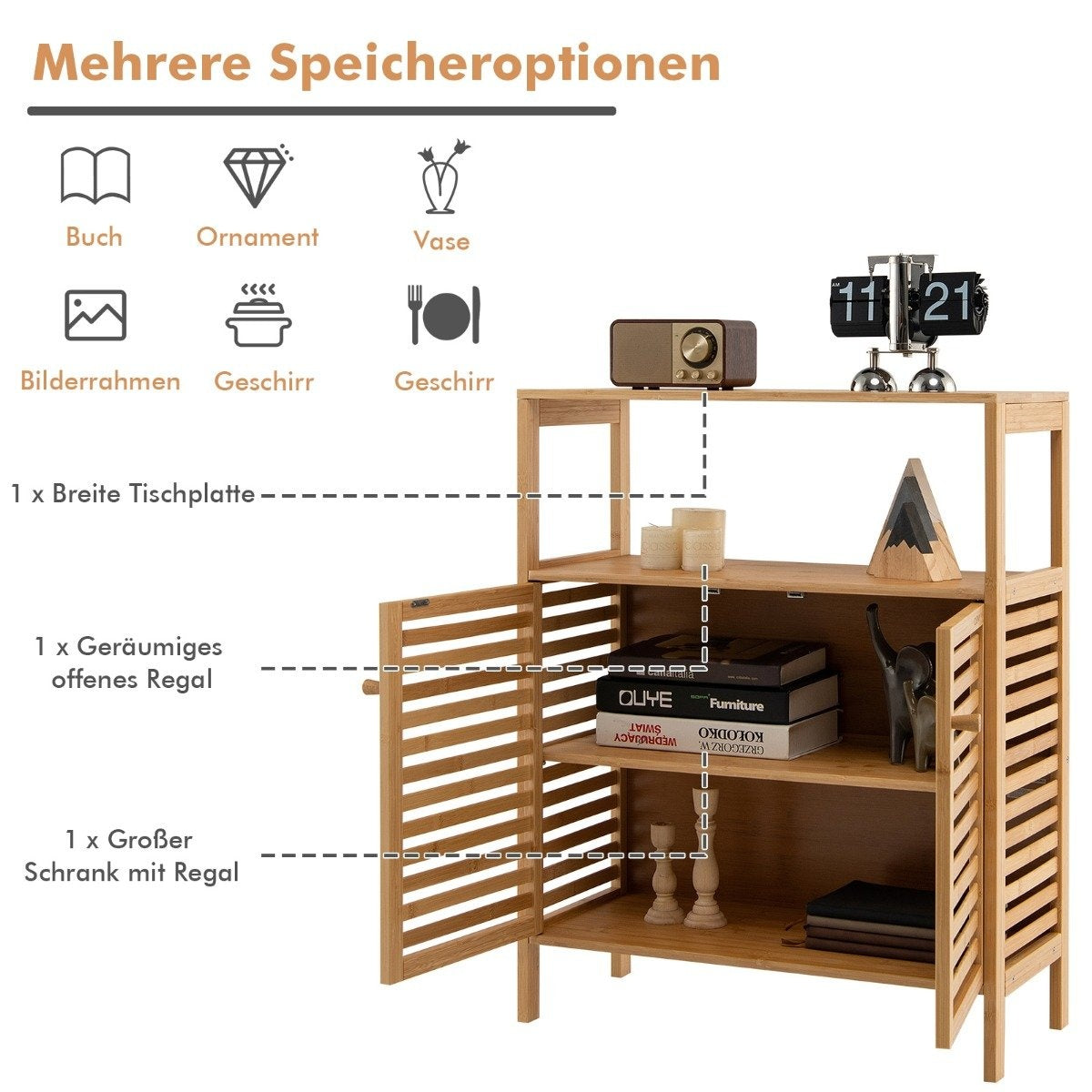Bathroom Cabinet Freestanding Bamboo Shelf with Open Shelf 64 x 27.5 x 80 cm Natural