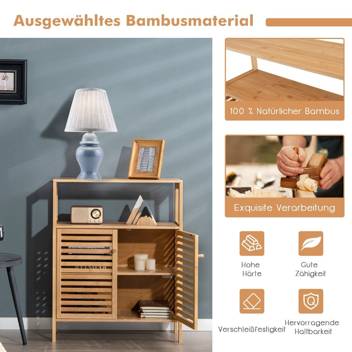 Bathroom Cabinet Freestanding Bamboo Shelf with Open Shelf 64 x 27.5 x 80 cm Natural
