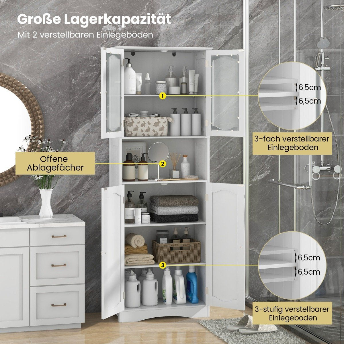 Bathroom Cabinet, Freestanding Tall Unit, 4 Doors, White, 60x30x164 cm