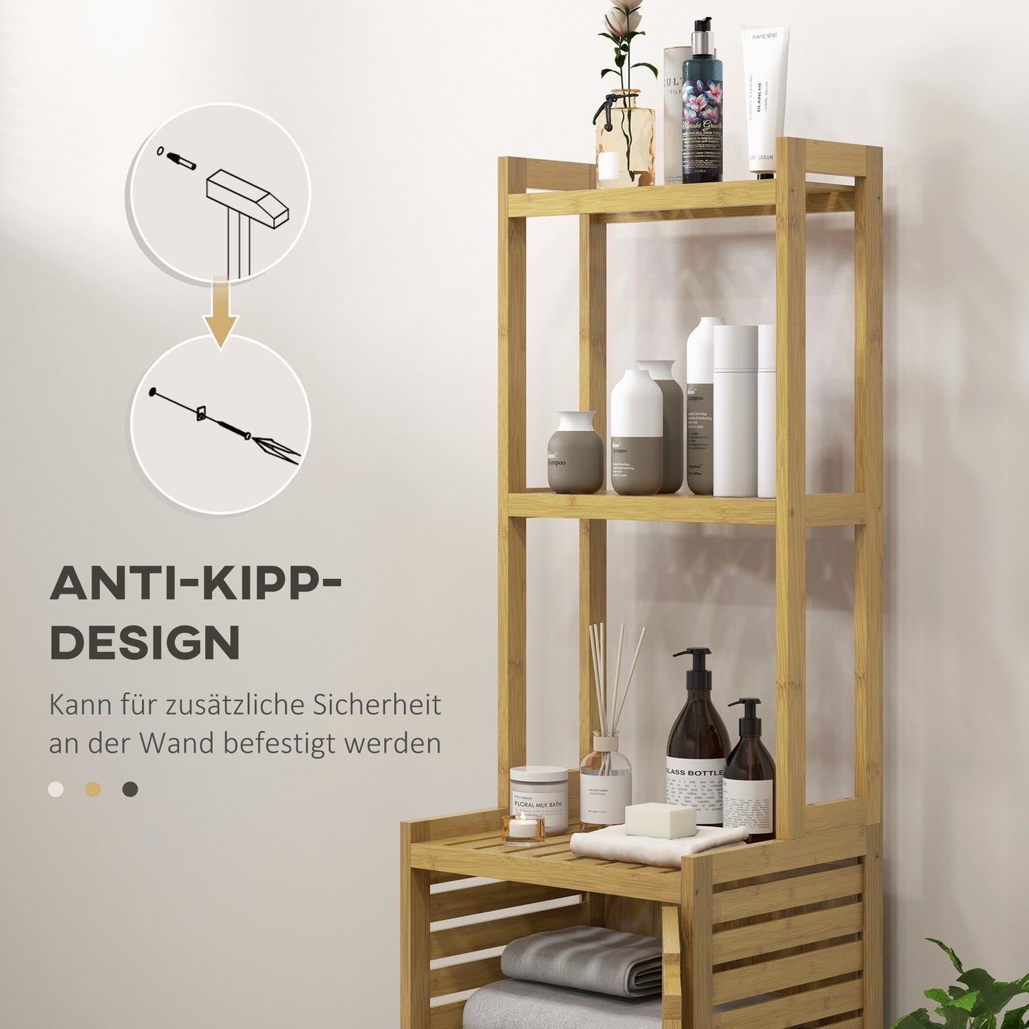 Bamboo bathroom cabinet with 3 compartments, tip protection