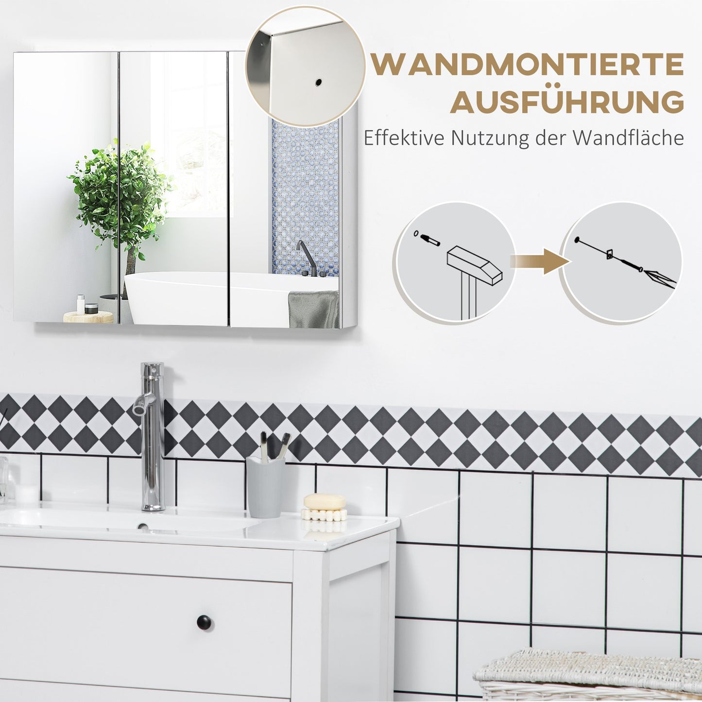 Stainless steel bathroom cabinet, 3 doors, 5 shelves