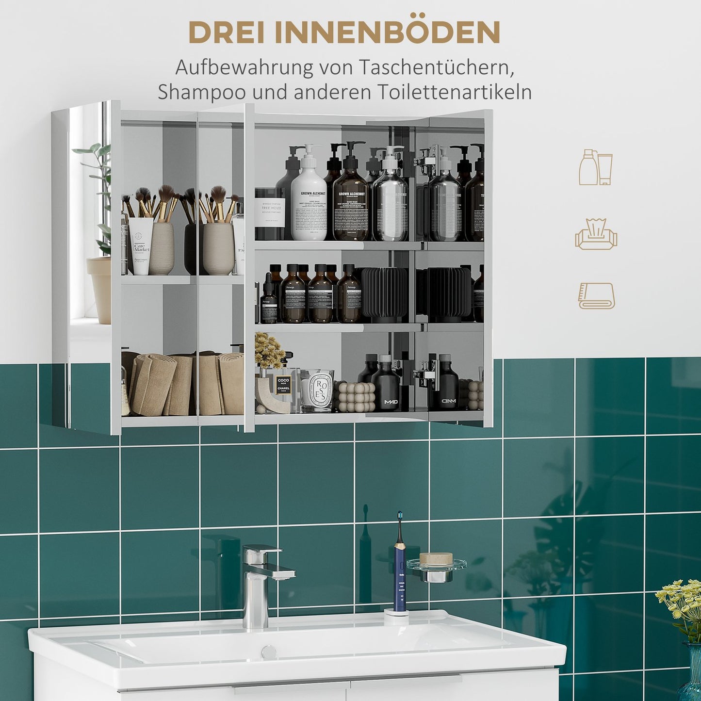 Stainless steel bathroom cabinet, 3 doors, 5 shelves