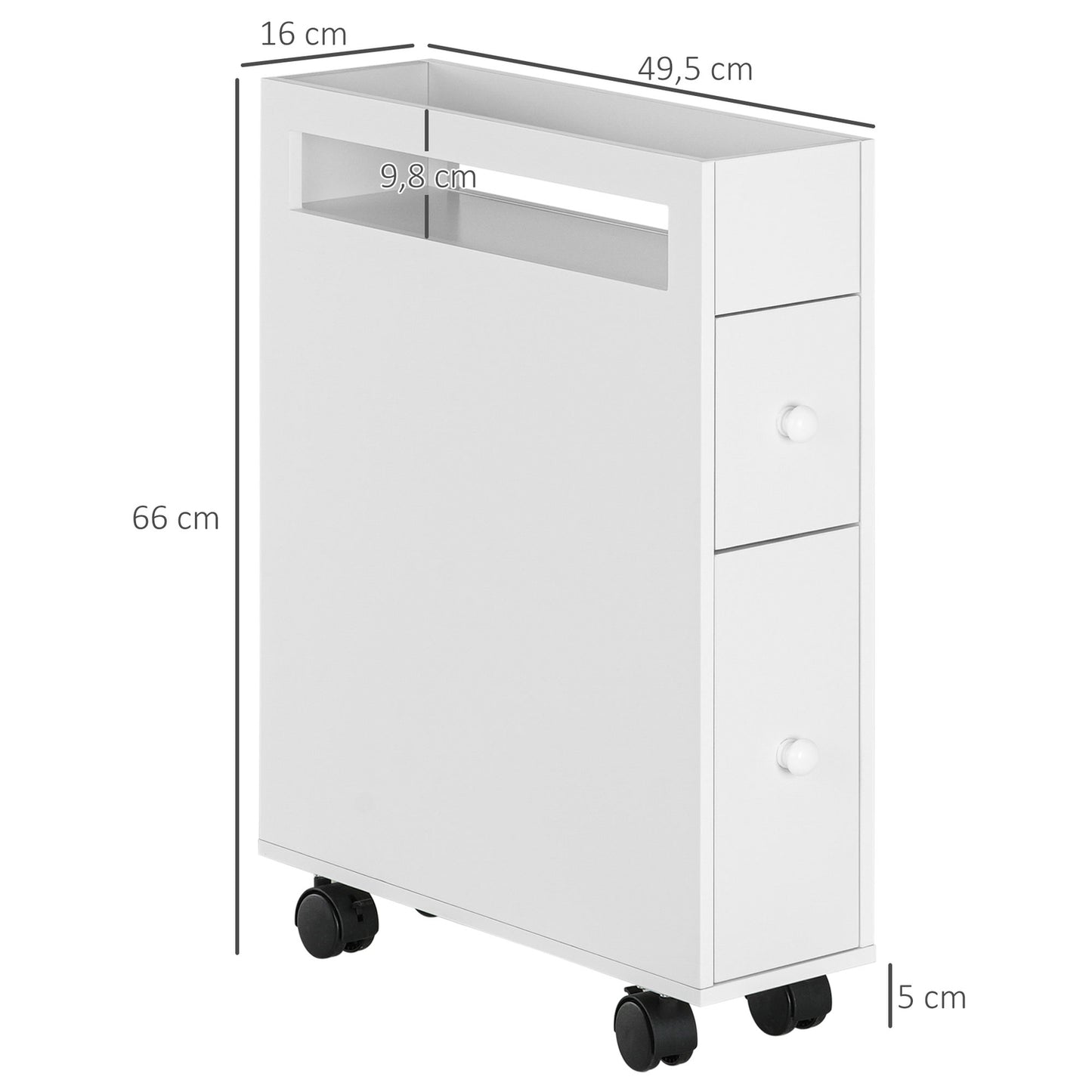 Bathroom cabinet trolley, White, 2 drawers, Wheels