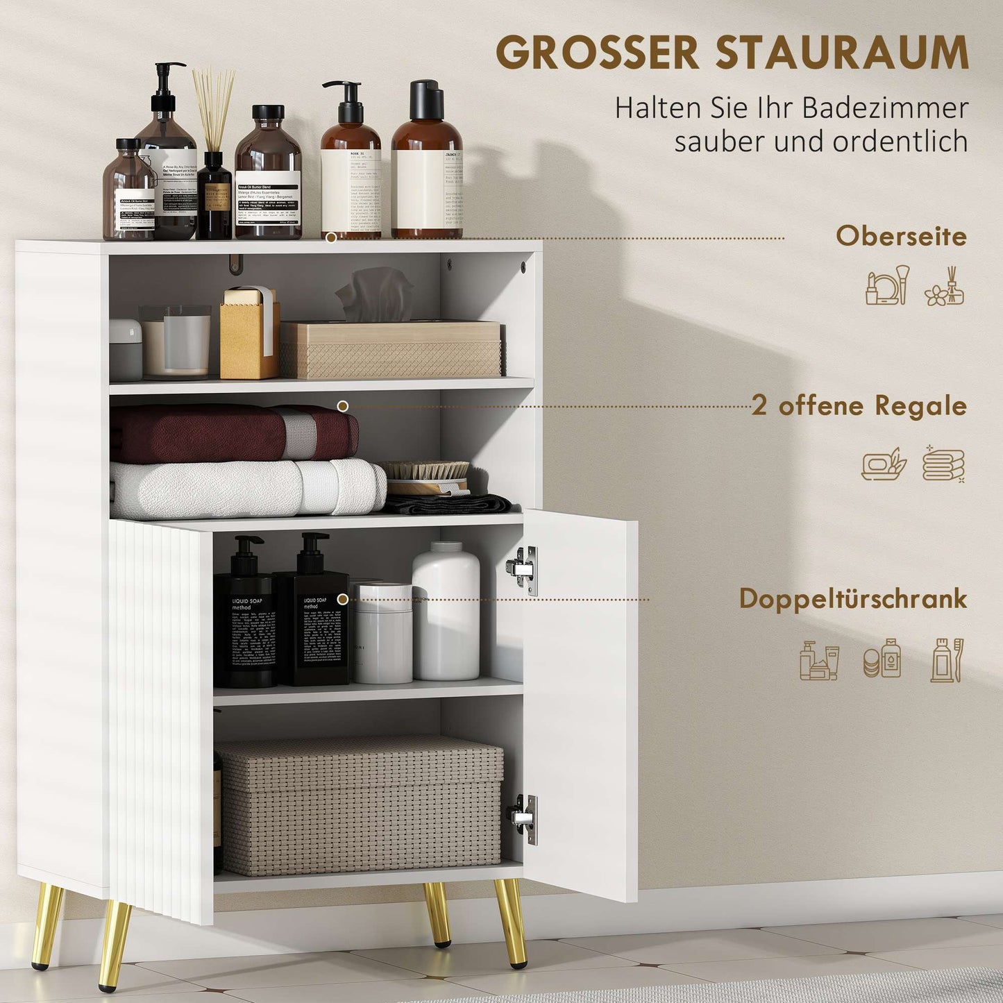 Bathroom Cabinet, Soft-Close Doors, 2 Open Shelves, MDF, White