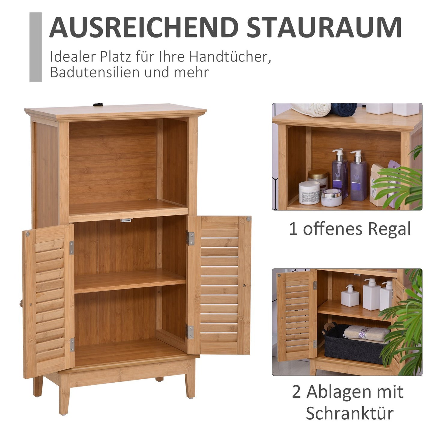 Bamboo bathroom cabinet with open shelf, 50x25.5x92cm