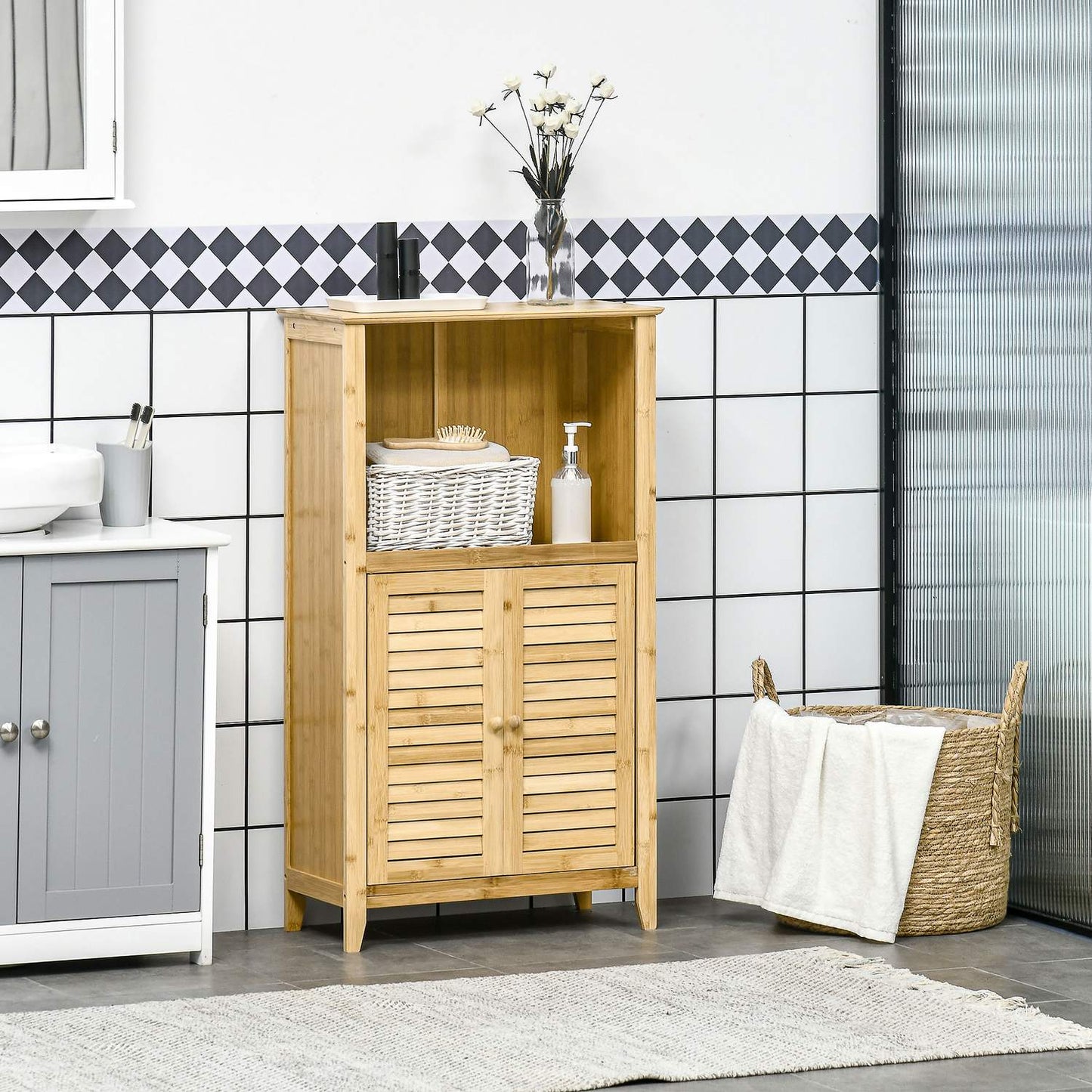 Bamboo bathroom cabinet with open shelf, 50x25.5x92cm