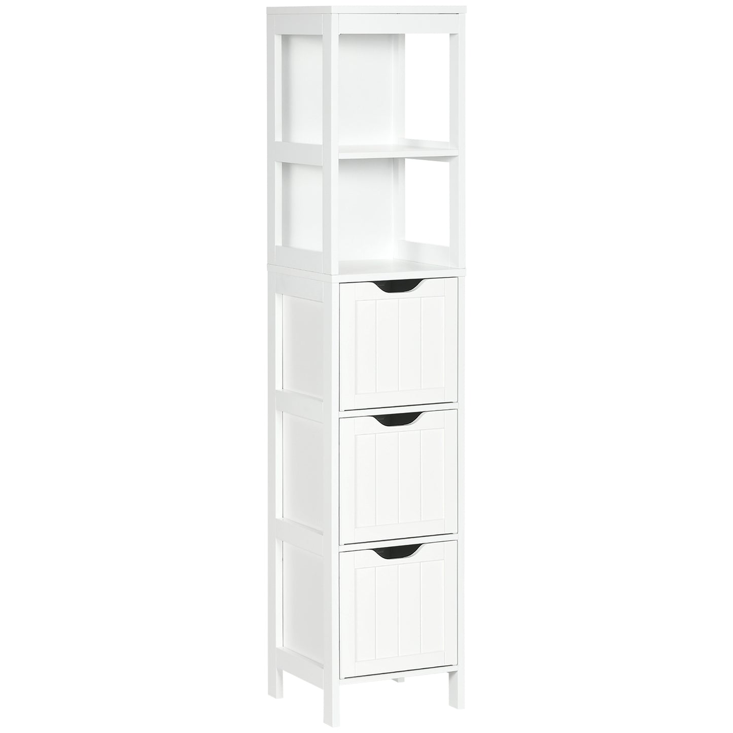Tall white bathroom cabinet with drawers and shelves