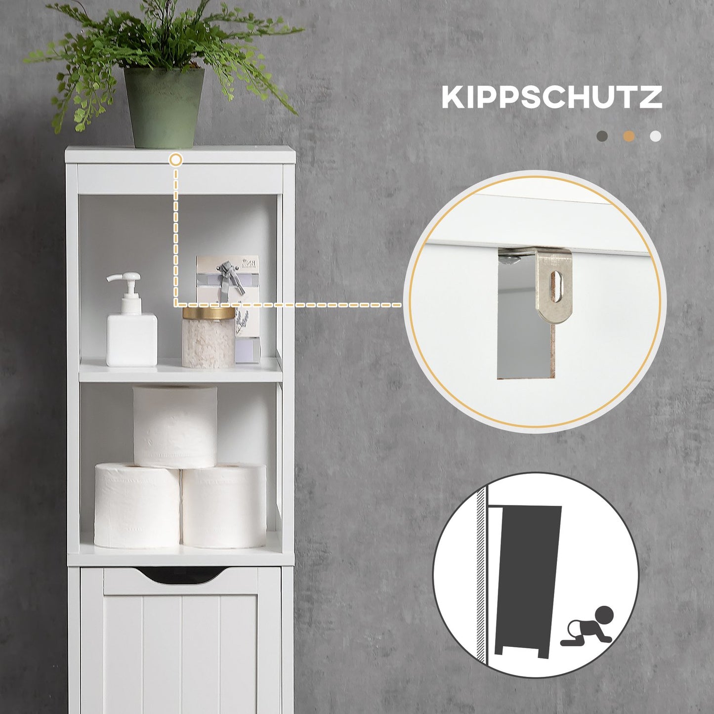 Tall white bathroom cabinet with drawers and shelves