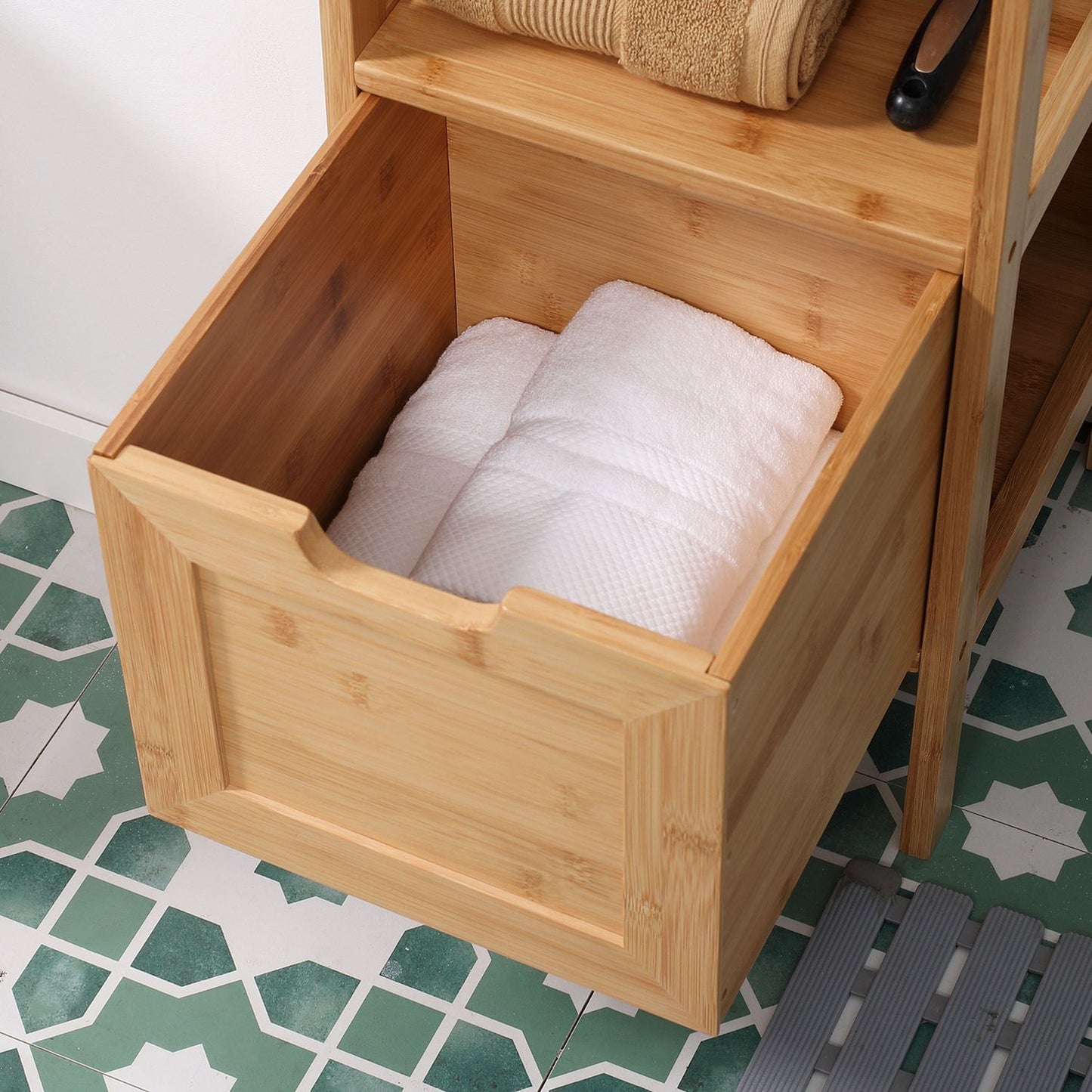 Bathroom storage cabinet in bamboo with 2 drawers, anti-tip