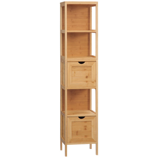 Tall bamboo bathroom cabinet with shelves and drawers