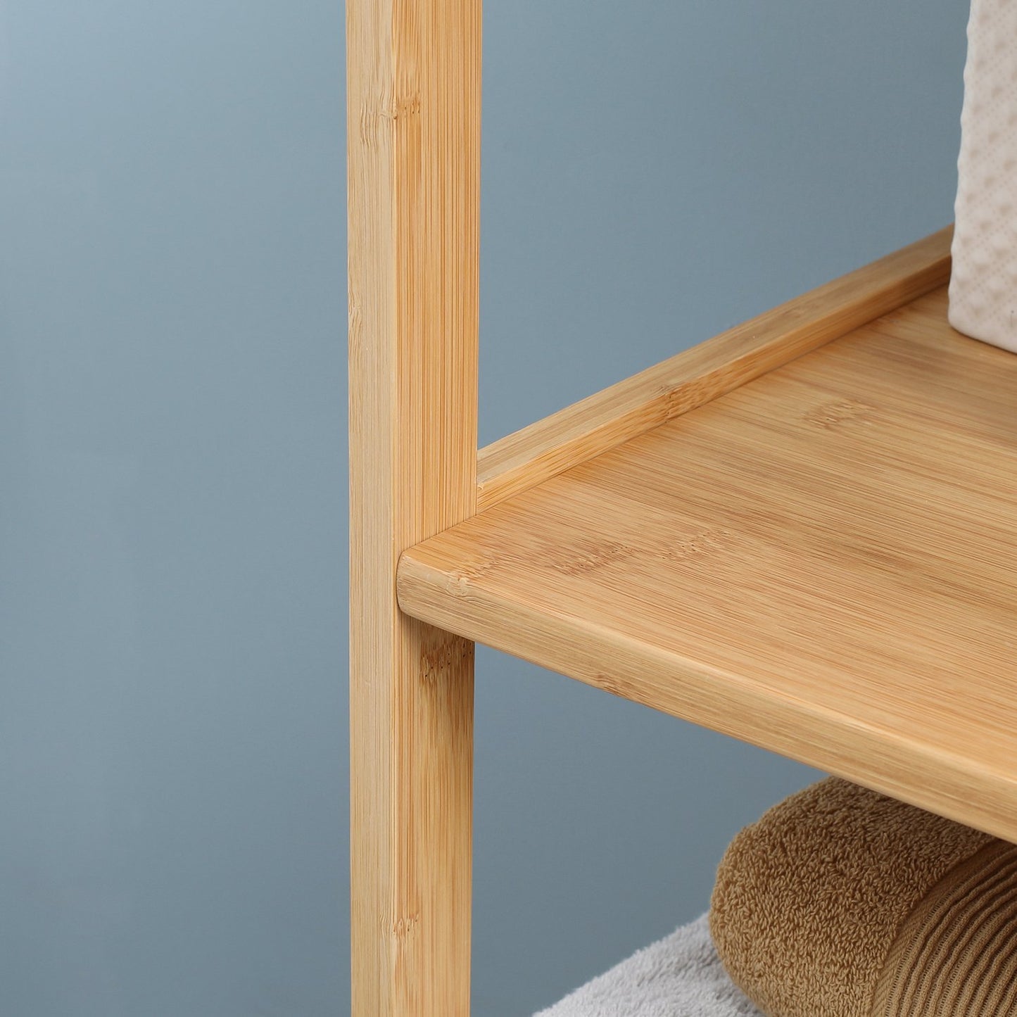 Tall bamboo bathroom cabinet with shelves and drawers