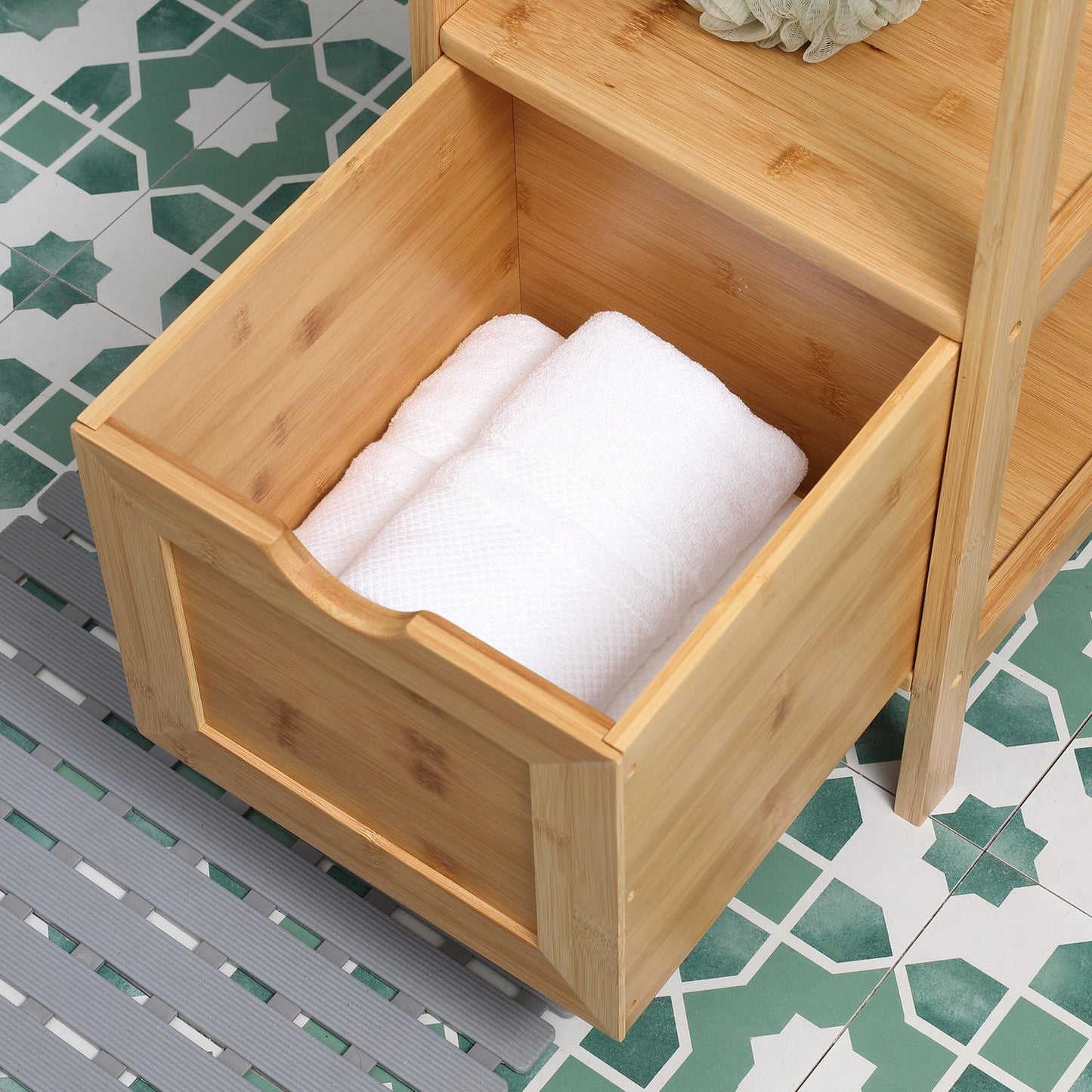 Tall bamboo bathroom cabinet with shelves and drawers