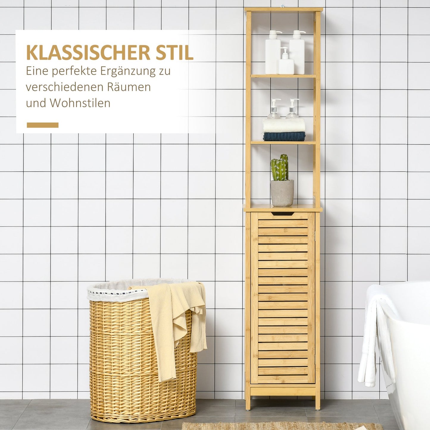 Freestanding bathroom cabinet, 3 shelves, 1 door, natural