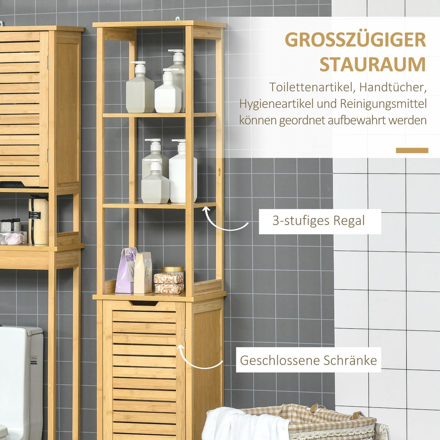 Freestanding bathroom cabinet, 3 shelves, 1 door, natural