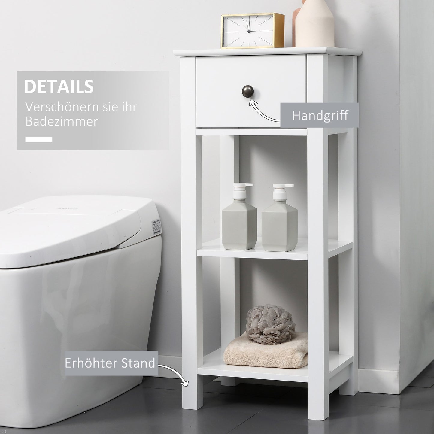 White bathroom cabinet, drawer and shelves, anti-tip, 40x31.5x90 cm