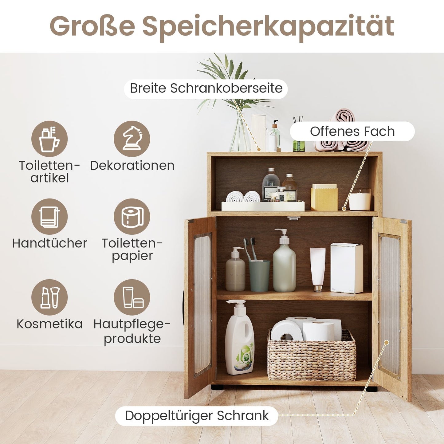 Bathroom Cabinet with 2 Doors & Adjustable Shelf, Freestanding