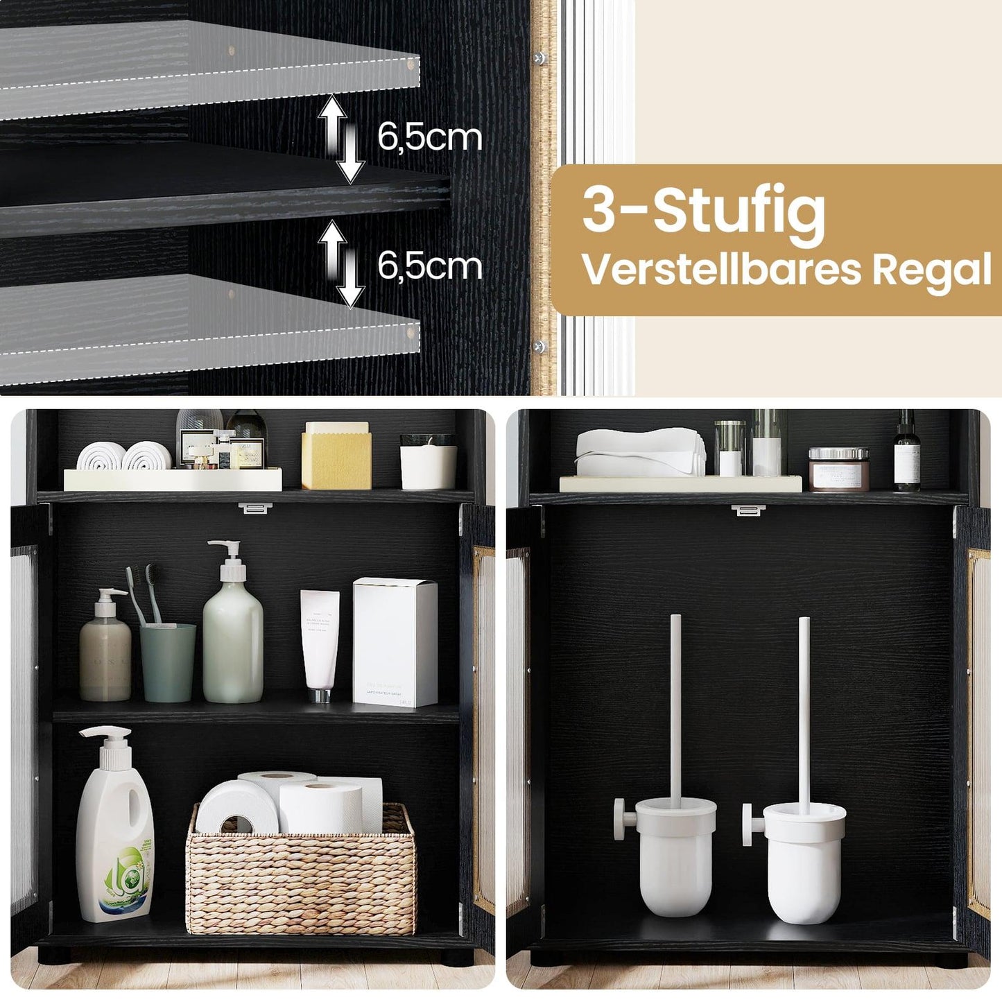 Bathroom Cabinet with 2 Doors & Adjustable Shelves, Black