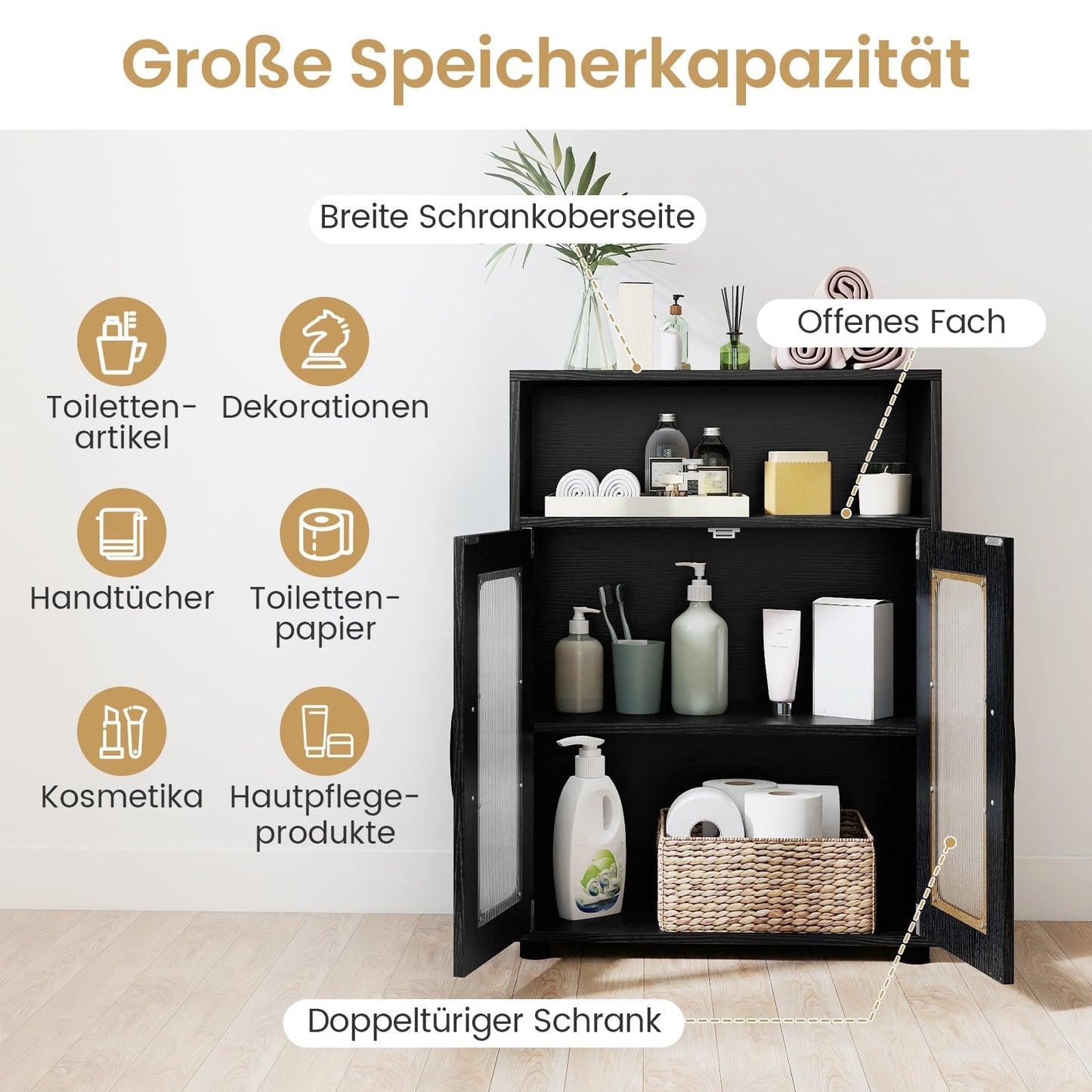 Bathroom Cabinet with 2 Doors & Adjustable Shelves, Black