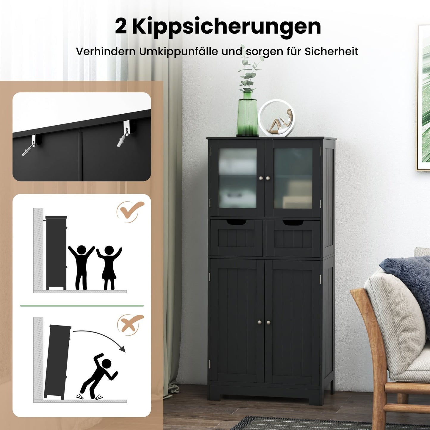 Bathroom Cabinet with 2 Drawers, 4 Doors, Adjustable Shelves