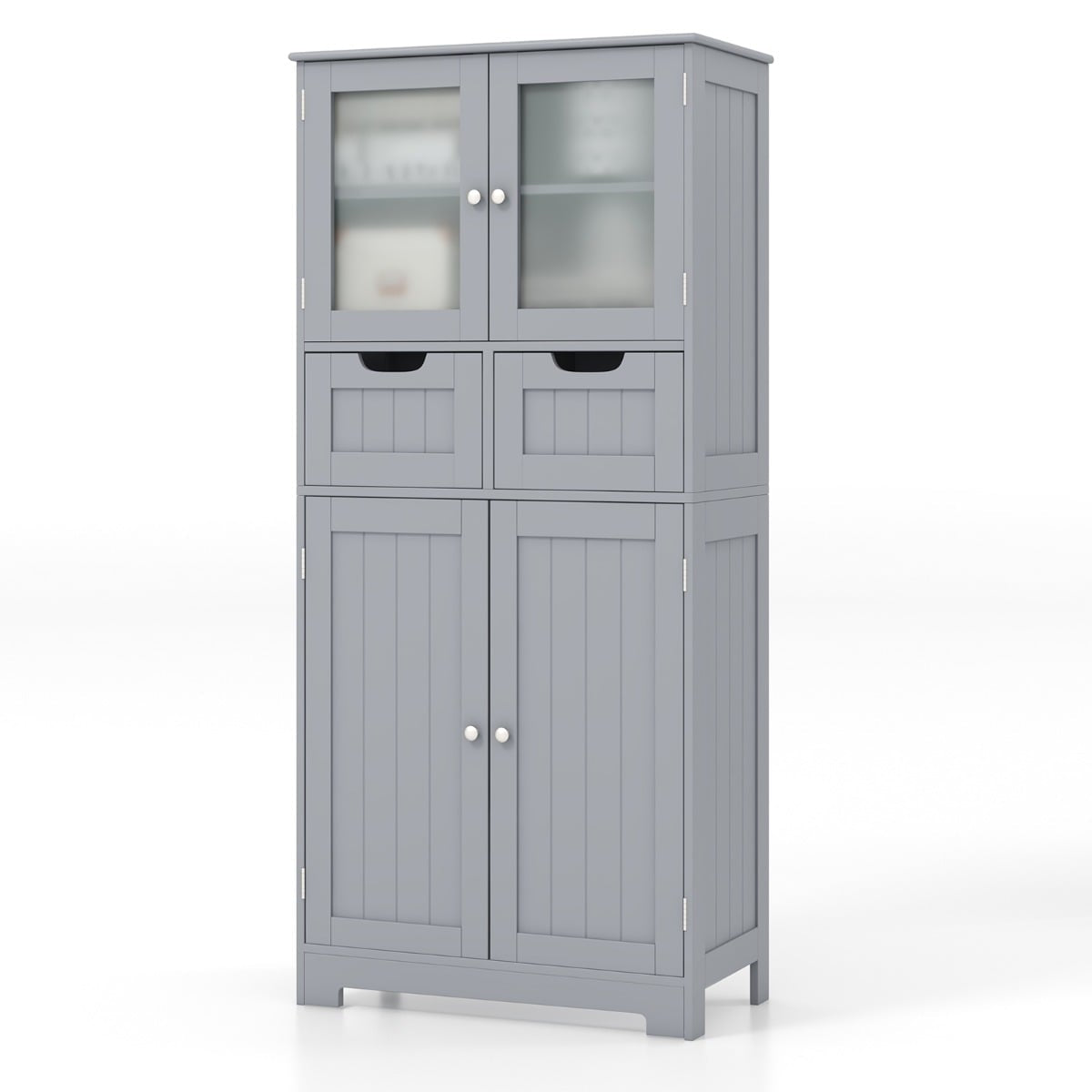 Bathroom Cabinet with 2 Glass Doors, 2 Drawers, Adjustable Shelves