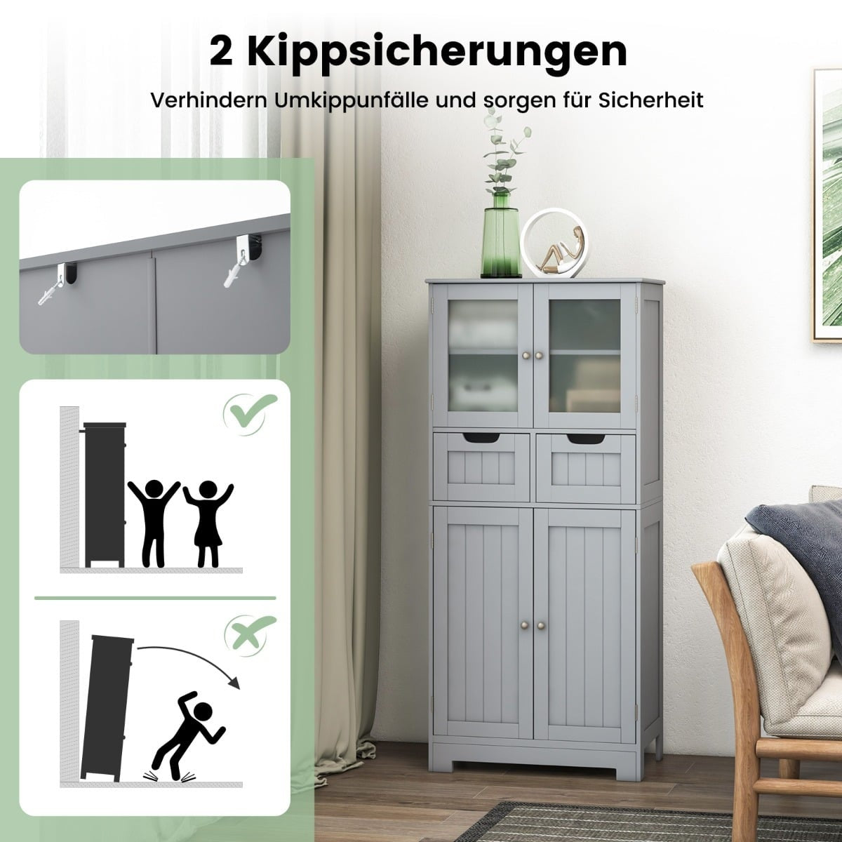 Bathroom Cabinet with 2 Glass Doors, 2 Drawers, Adjustable Shelves