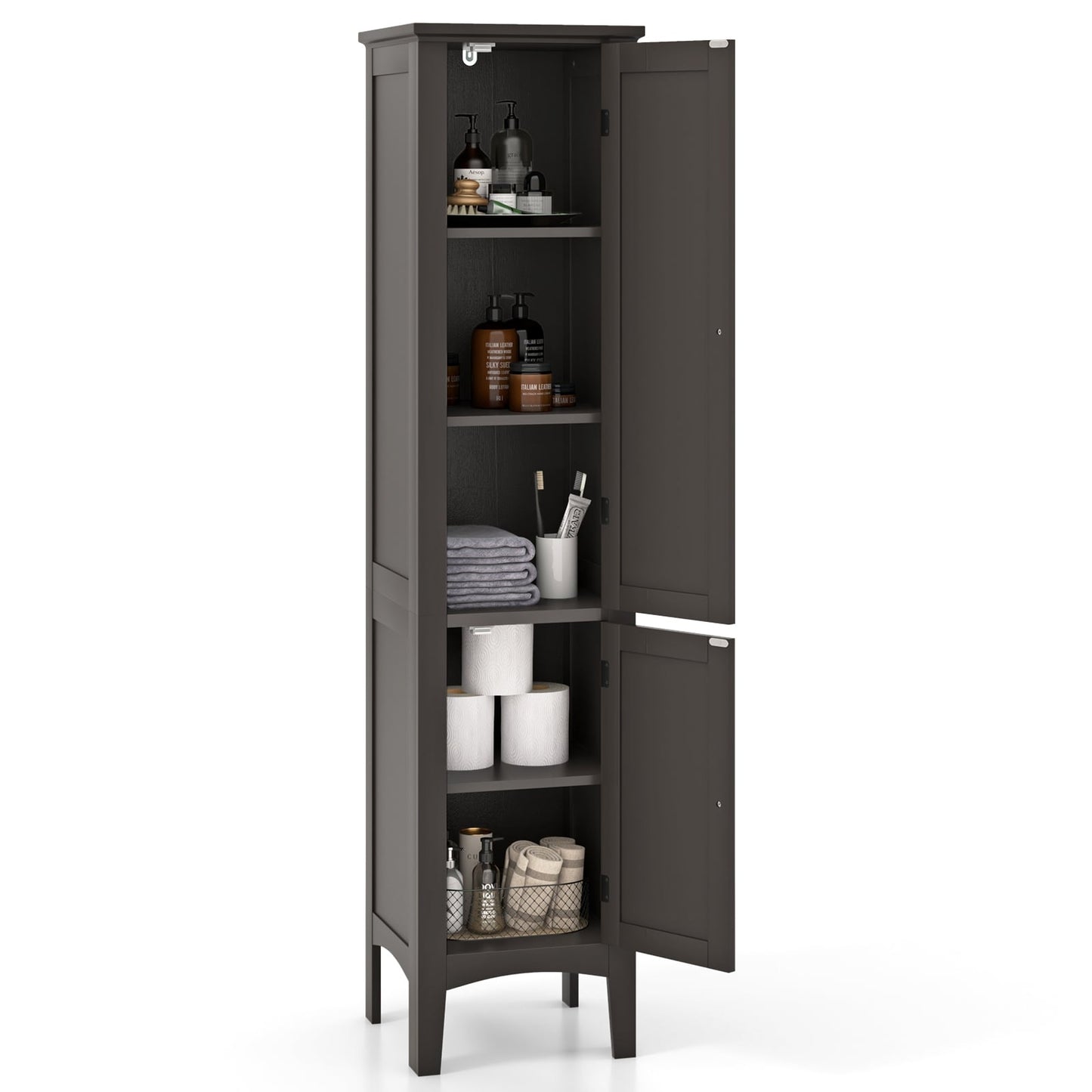 Bathroom Cabinet with 5 Shelves, Louvered Doors, Anti-Tip