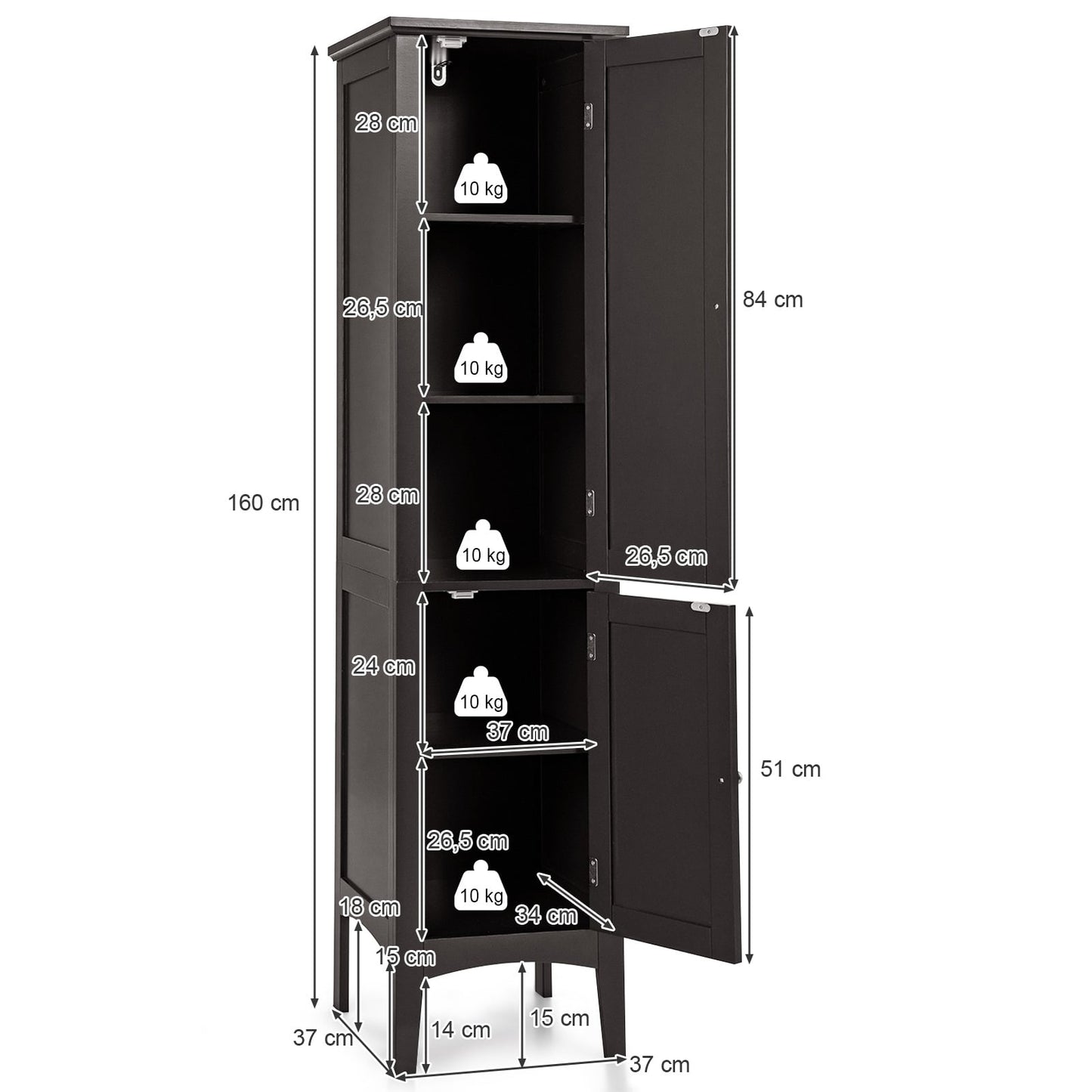 Bathroom Cabinet with 5 Shelves, Louvered Doors, Anti-Tip