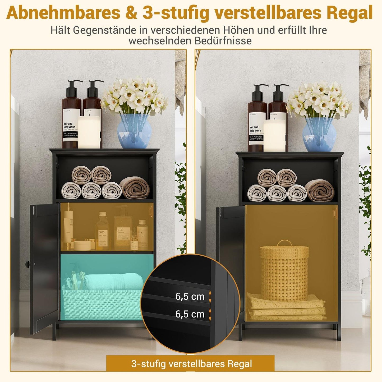 Bathroom Cabinet with Adjustable Shelf, 40x30x70 cm, Black