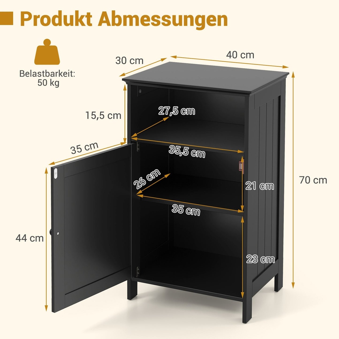 Bathroom Cabinet with Adjustable Shelf, 40x30x70 cm, Black
