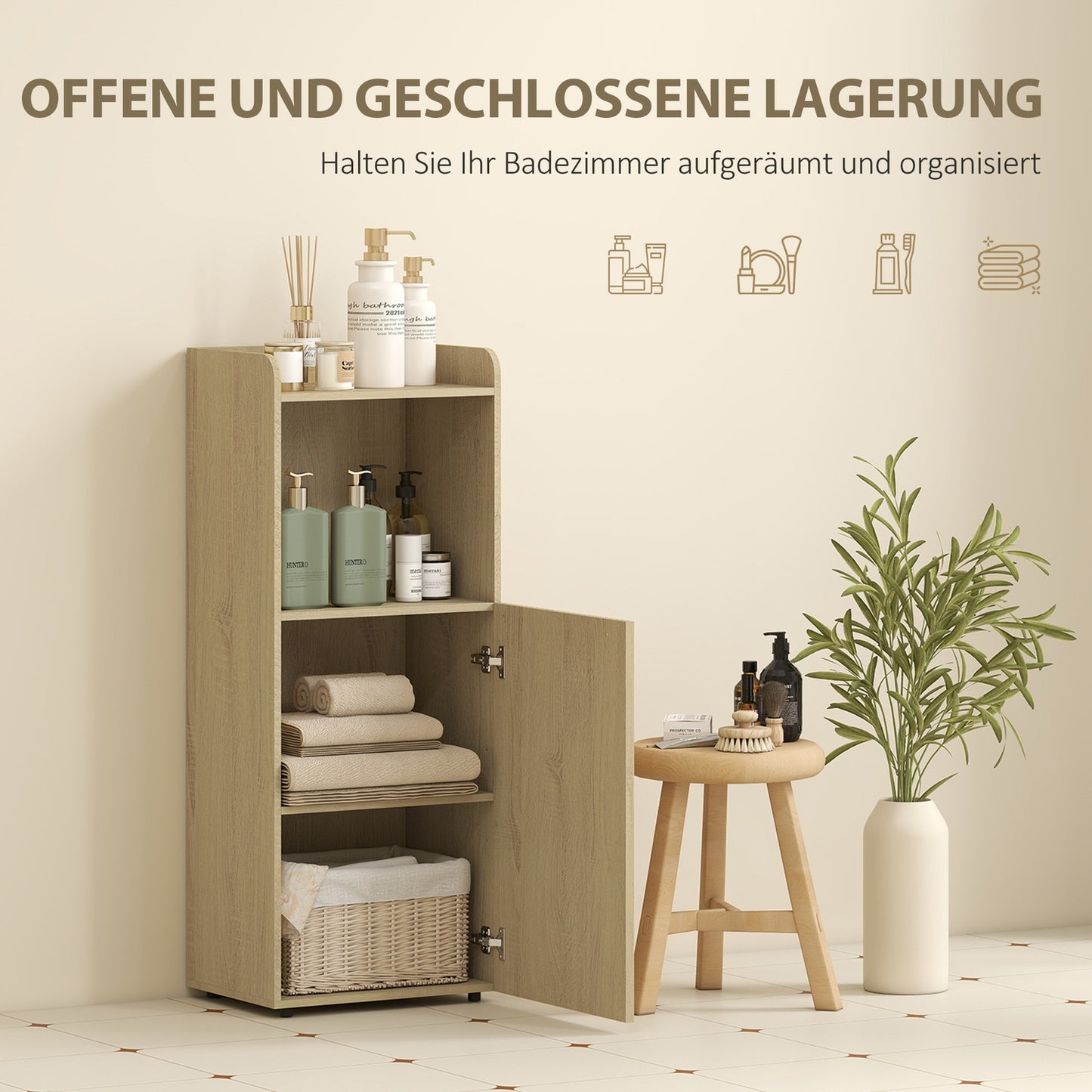 Bathroom Cabinet with Adjustable Shelf, Yellow Oak, 40x31x104 cm