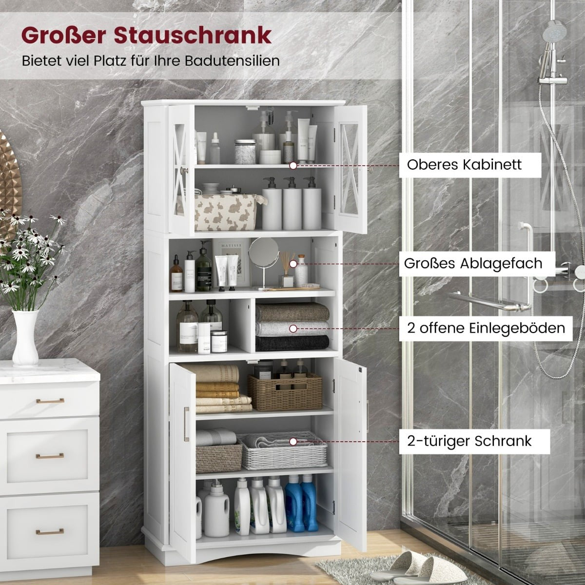 Bathroom Cabinet with Adjustable Shelves, White MDF