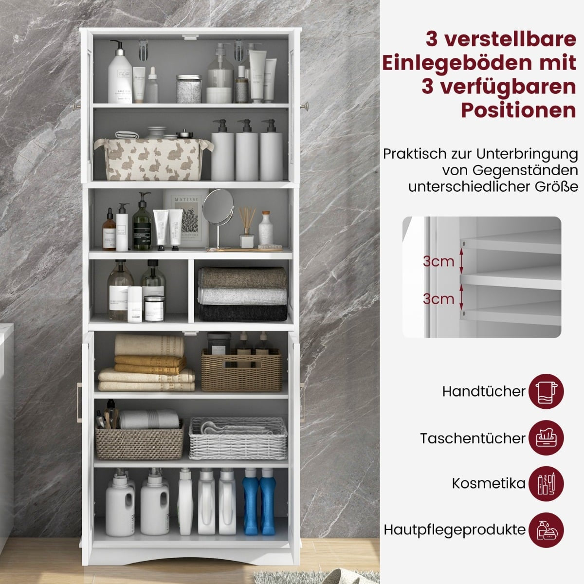 Bathroom Cabinet with Adjustable Shelves, White MDF
